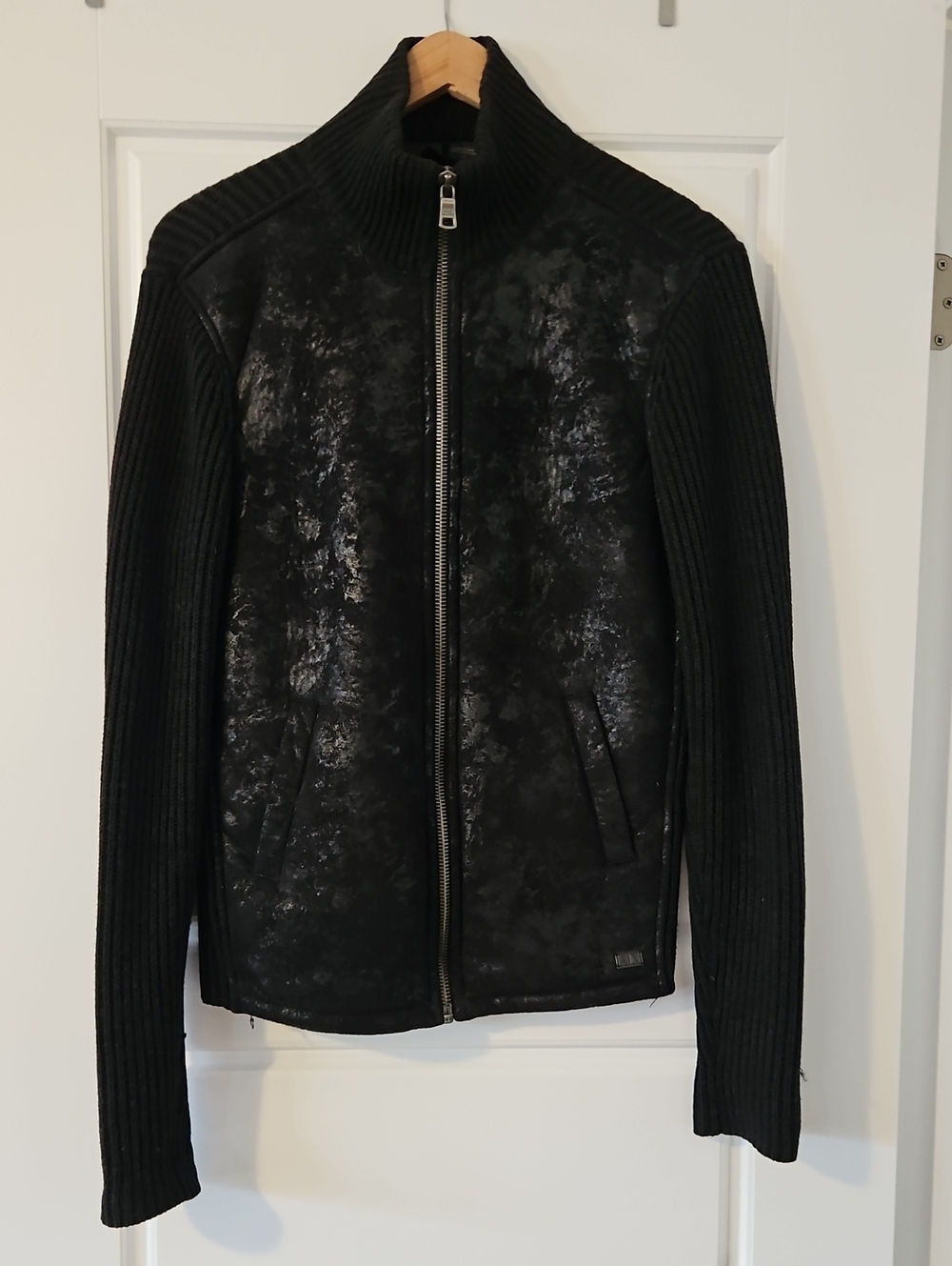 A/X Armani Exchange Black Faux Suede w Knit Sleeves and Back Zip-Front Jacket